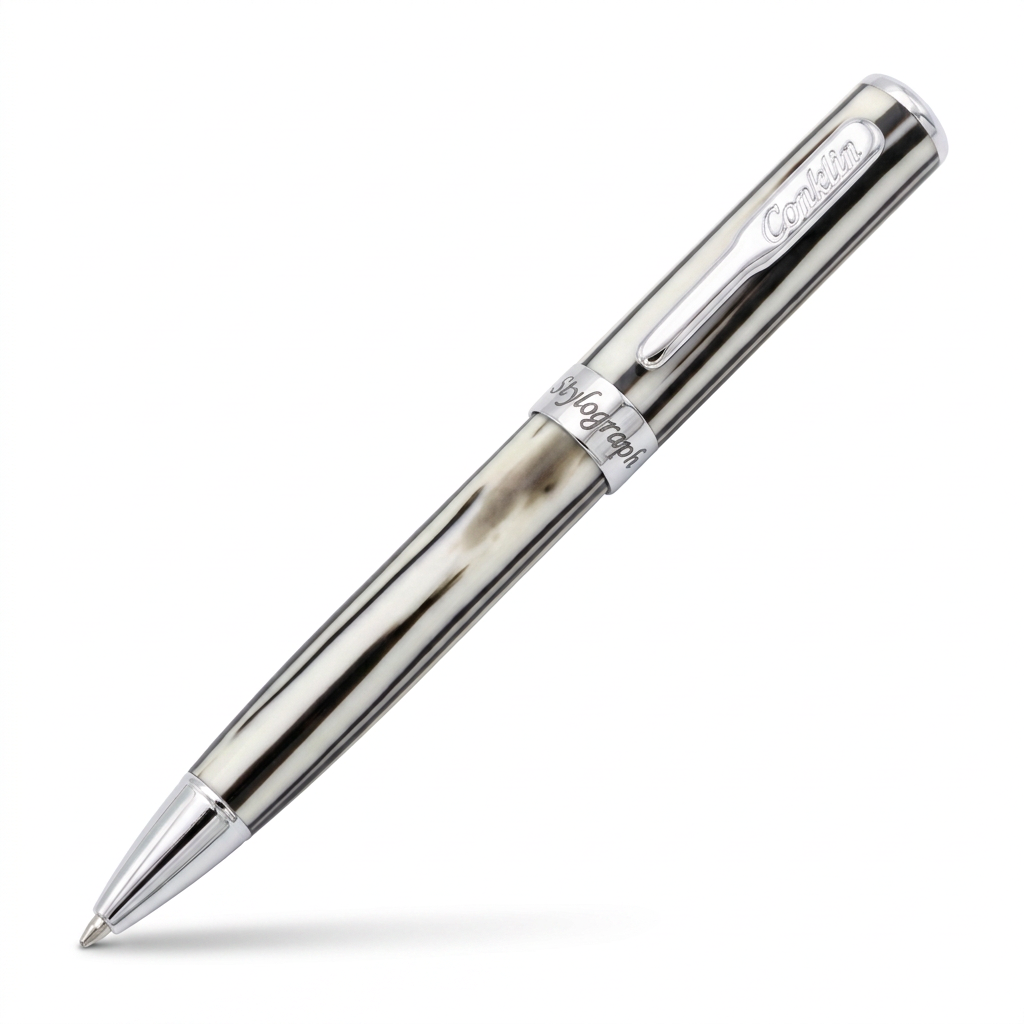 Vue découvert du stylo bille Conklin Stylograph à 45° exact, motif irrégulier noir et blanc