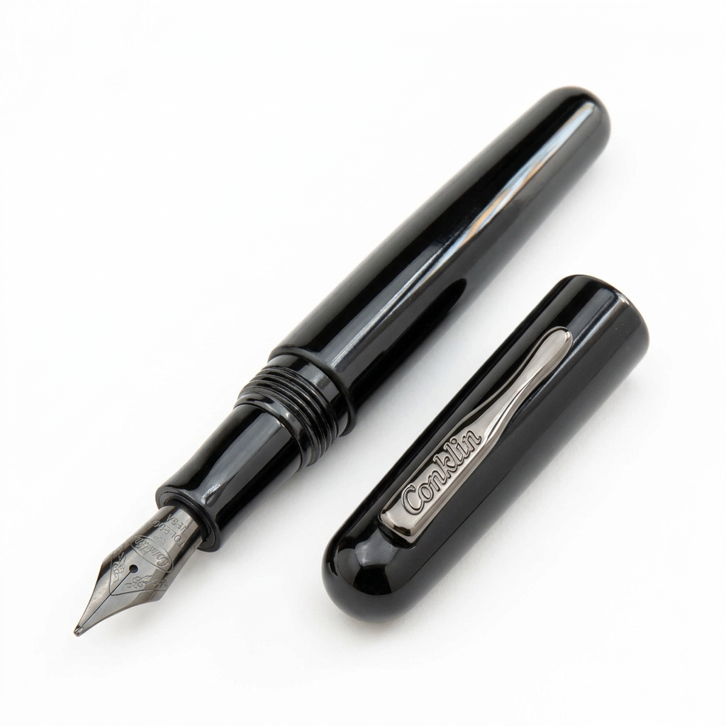 Vue découvert du stylo plume Conklin All American Raven Black à 45°, capuchon posé à côté