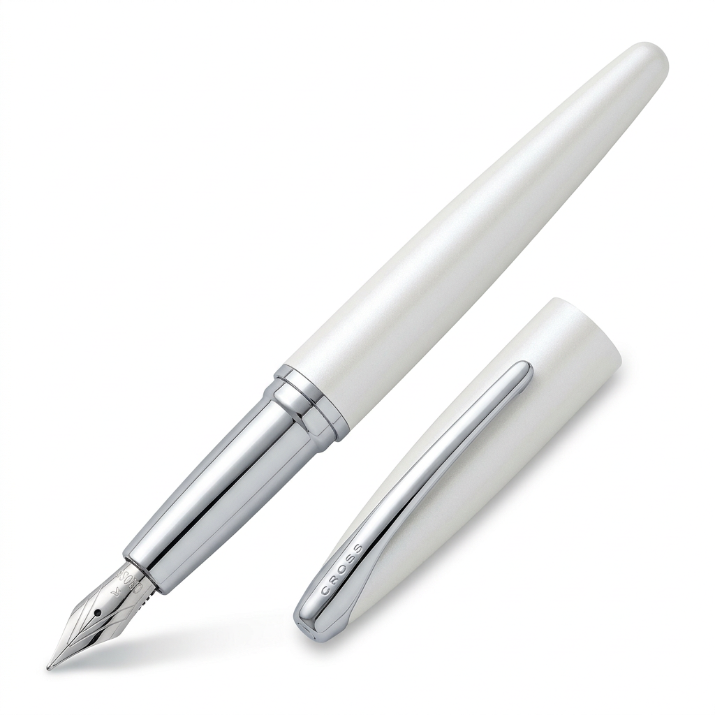 Vue découvert du stylo plume Cross ATX blanc nacré à 45°, capuchon posé à côté