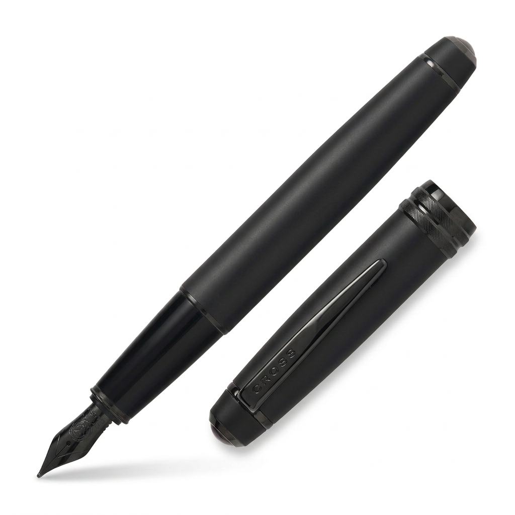 Vue découvert du stylo plume Cross Bailey noir mat à 45°, corps sans bague, capuchon intact