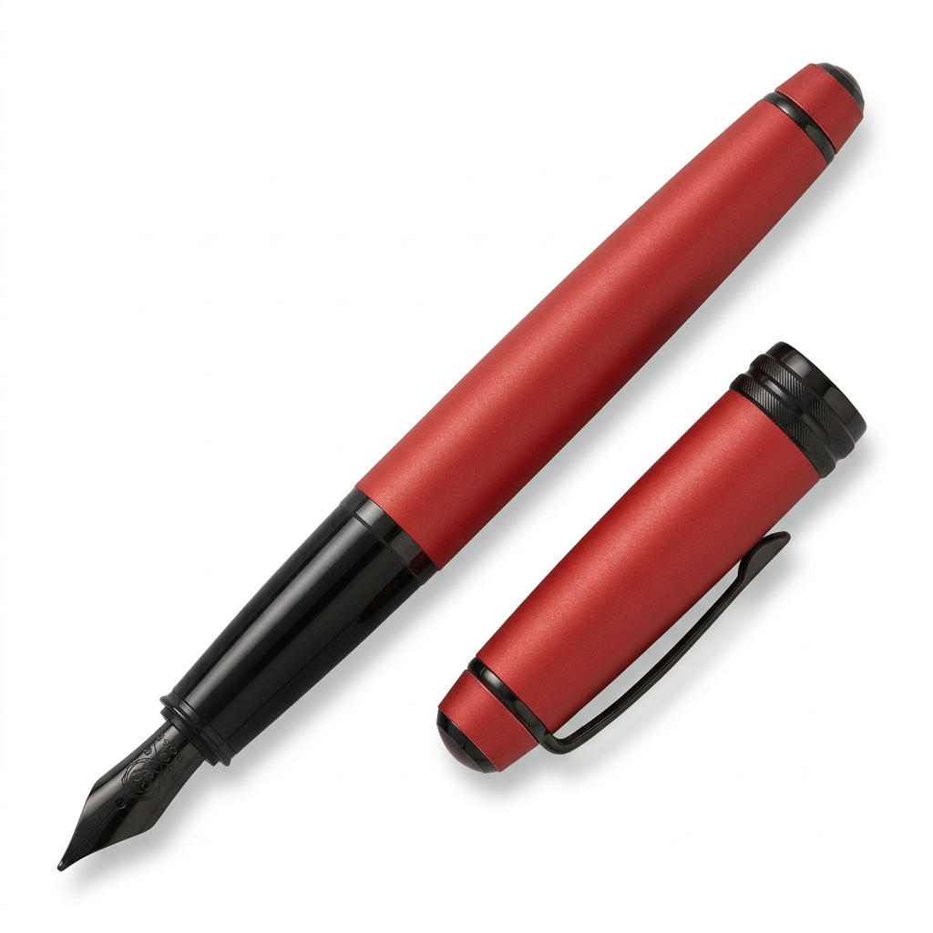 Vue découvert du stylo plume Cross Bailey rouge mat à 45°, plume en bas à gauche
