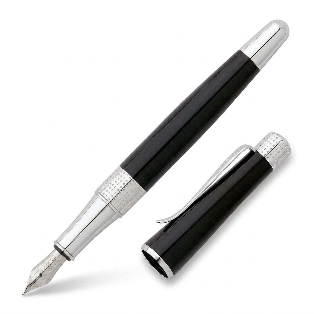 Vue découvert du stylo plume Cross Beverly noir chromé à 45°, embout chromé comme la vue fermée