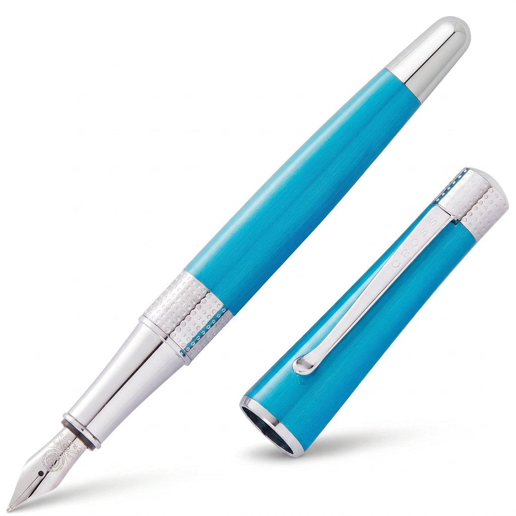 Vue découvert du stylo plume Cross Beverly teal à 45°, embout chromé lisse comme le noir