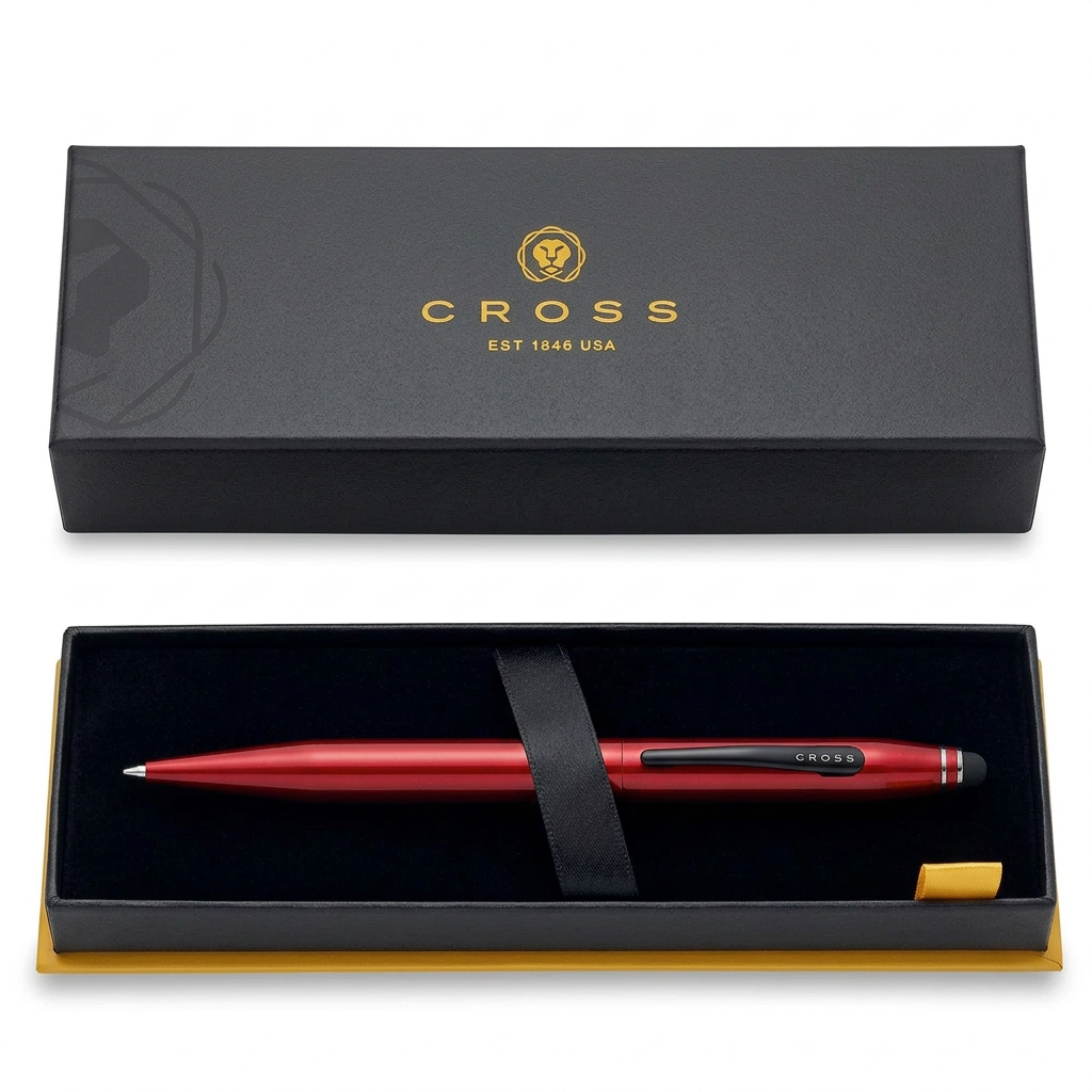 Vue du stylo Cross Tech2 rouge dans le coffret Cross, couvercle posé à plat