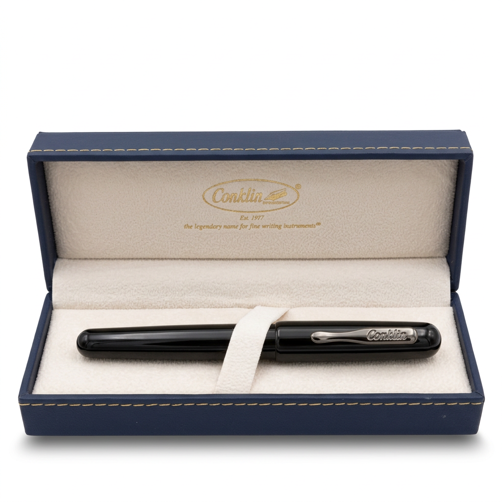 Vue du stylo plume Conklin All American Raven Black dans son écrin Conklin bleu nuit