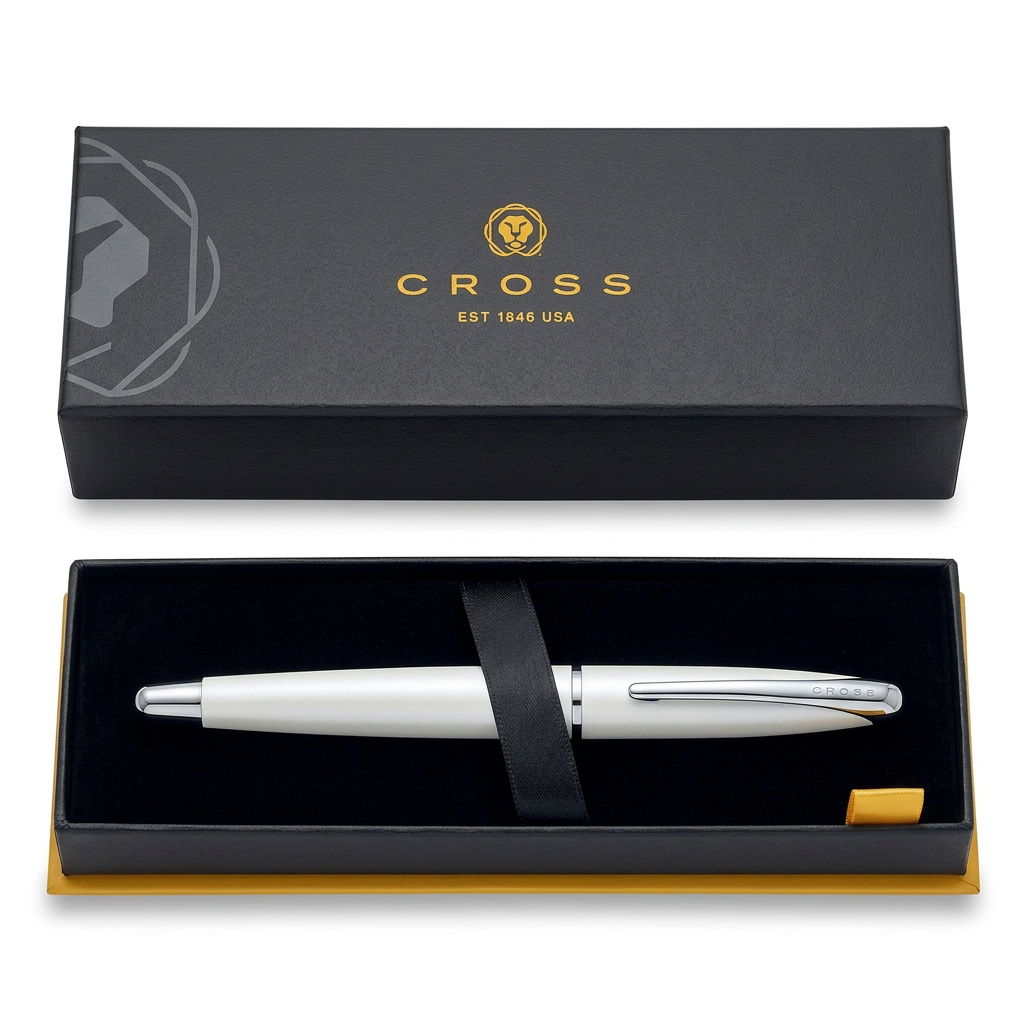 Vue du stylo plume Cross ATX blanc nacré dans le coffret Cross, couvercle posé à plat