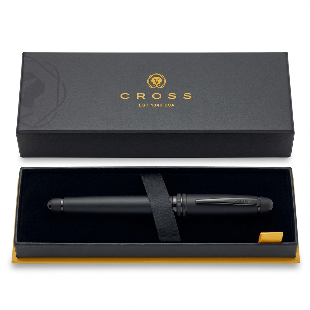Vue du stylo plume Cross Bailey noir mat dans le coffret Cross, couvercle posé à plat