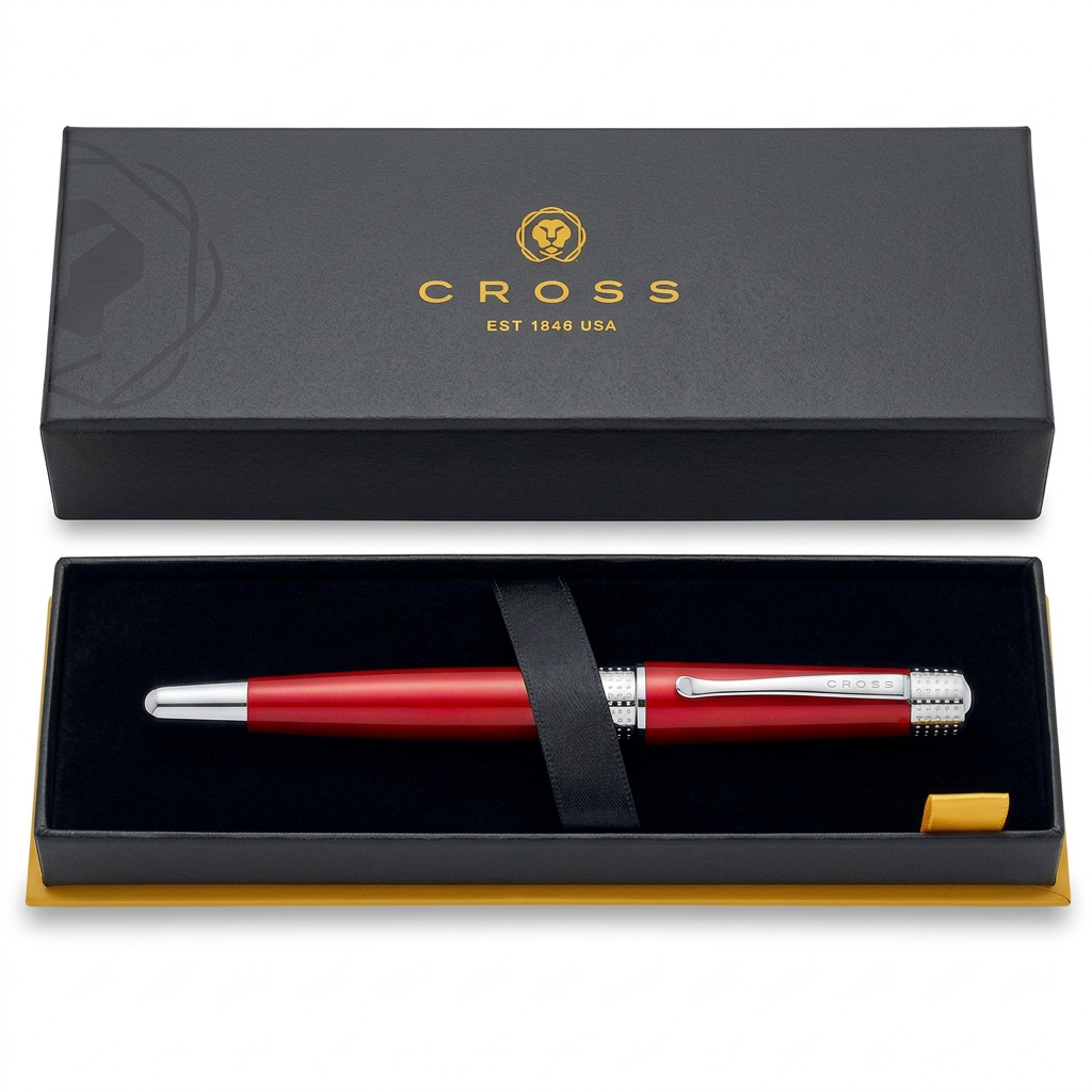 Vue du stylo plume Cross Beverly rouge irisé dans le coffret Cross, couvercle posé à plat